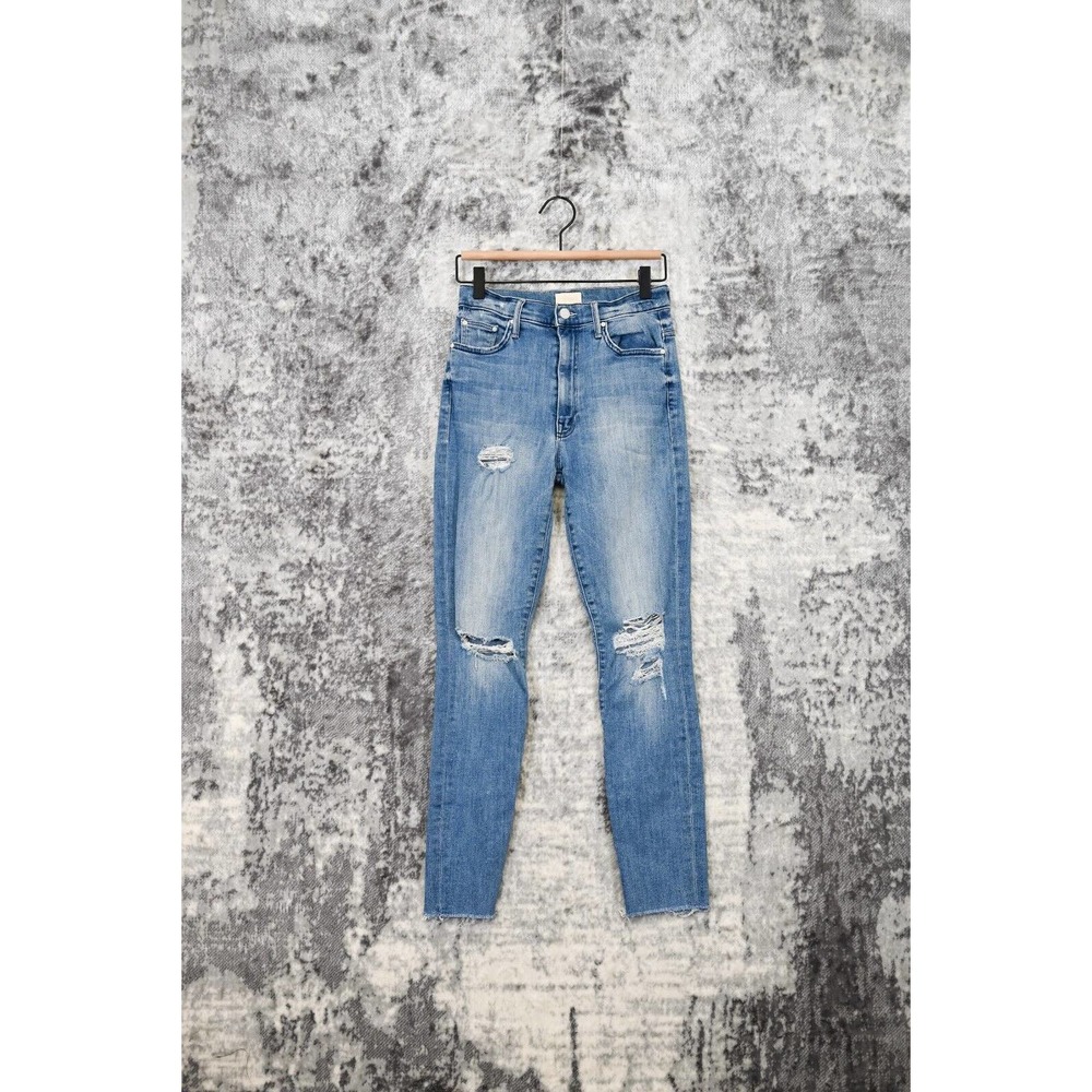 MOTHER Skinny Ripped Jeans in Light Blue Denim
